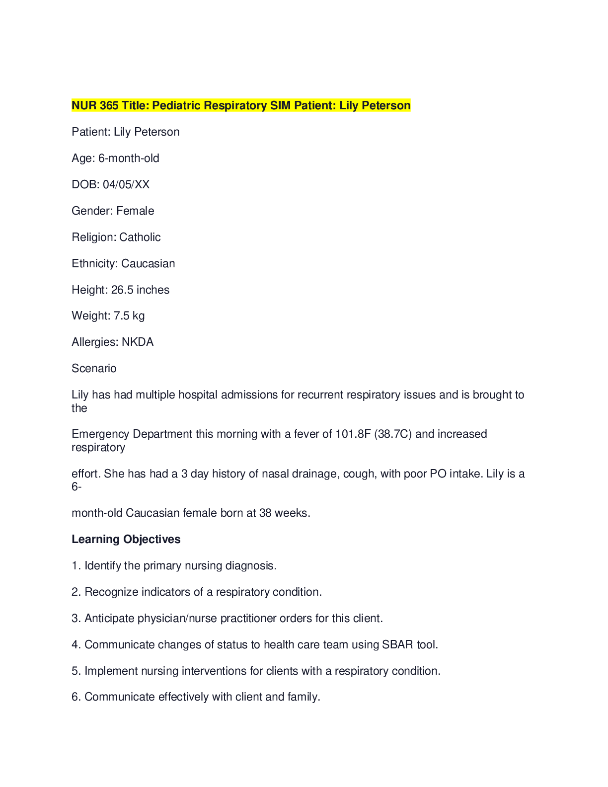 Preview image for Lily Peterson_Pediatric Respiratory SIM Patient_Answered_A+ rated solution guide.